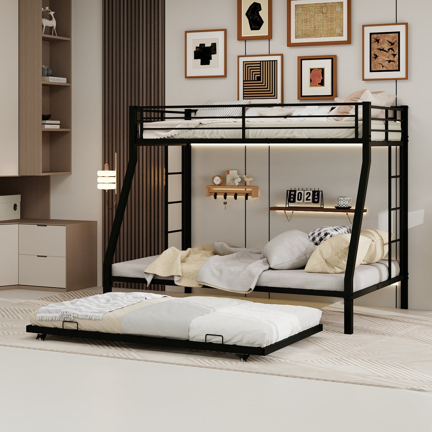 High-Stability Square Tube Bunk Bed with Ladder & Rolling Trundle | Full Size – Modern Minimalist, Strong Load-Bearing for Home/Dorm/Guest Room