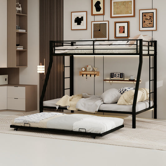 High-Stability Square Tube Bunk Bed with Ladder & Rolling Trundle | Full Size – Modern Minimalist, Strong Load-Bearing for Home/Dorm/Guest Room