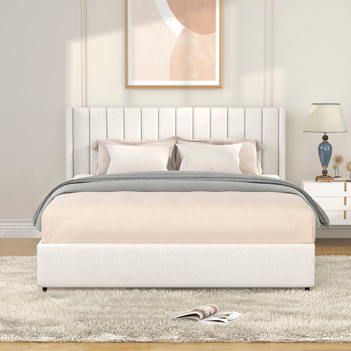 Patented 2-Drawer Storage Bed Queen Size Ivory Boucle Upholstered Platform Bed, Tufted Headboard, Wooden Slat Mattress Support
