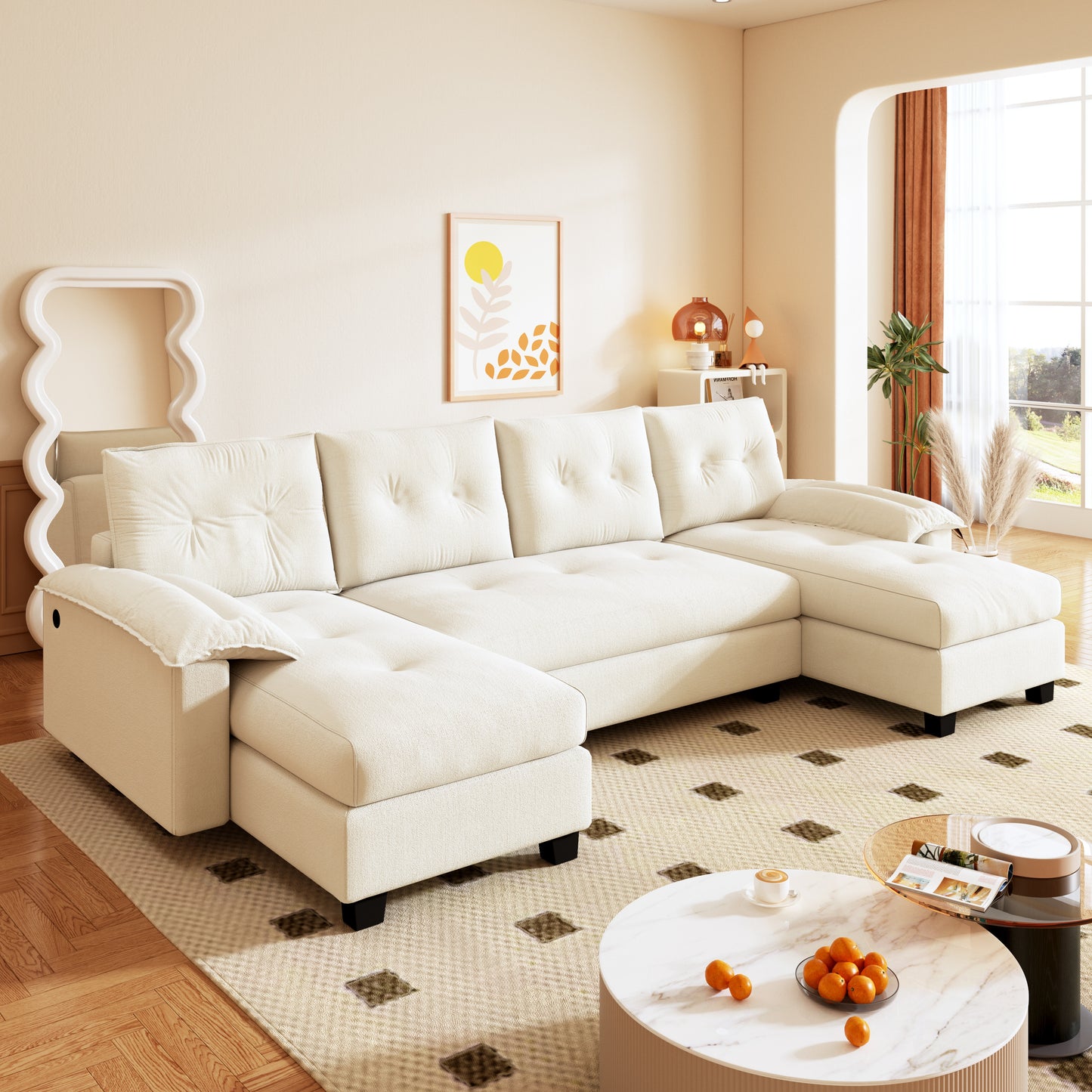 U-Shaped Sleeper Sofa with Pull Out Bed,2 in 1 Convertible Couch Bed with Removable Armrests & USB Ports