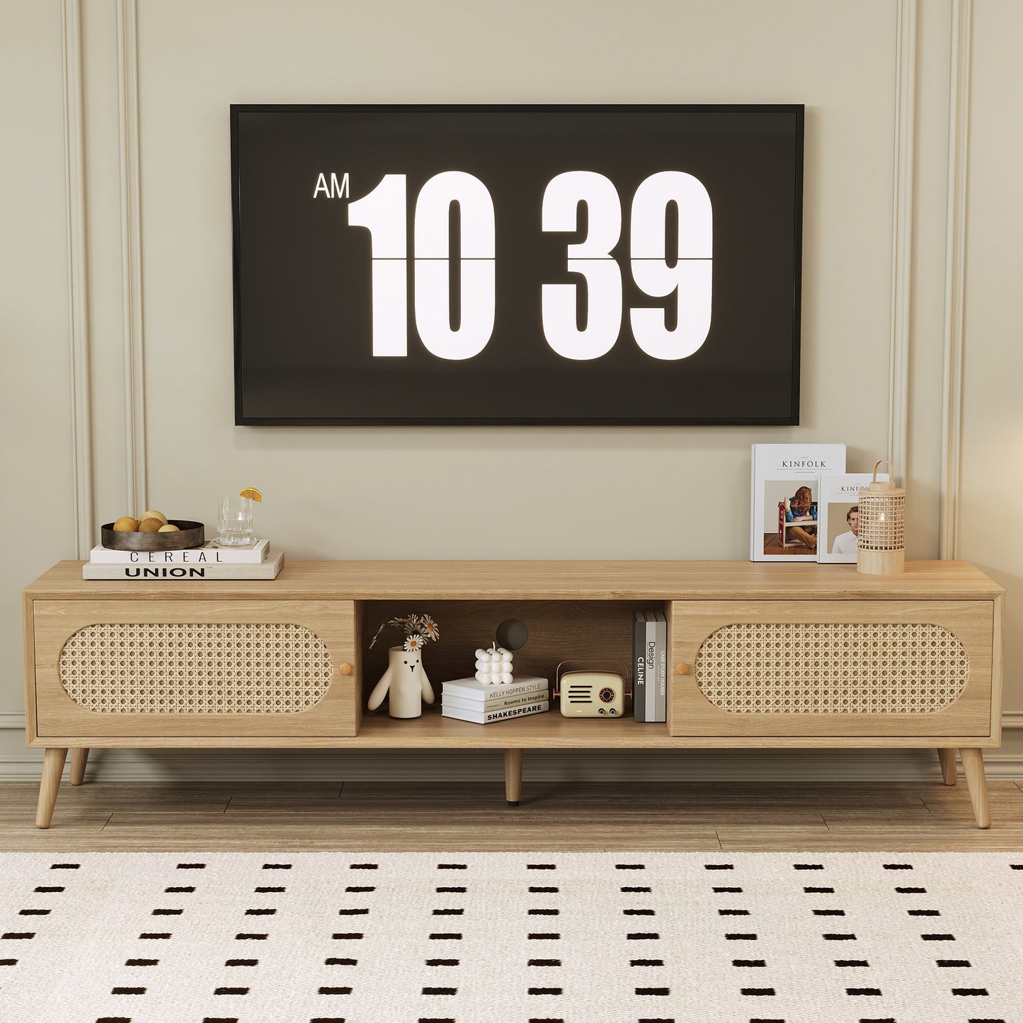 Modern Farmhouse Media Console – Rattan TV Cabinet with Solid Wood Legs, 70.8" for 80" TV