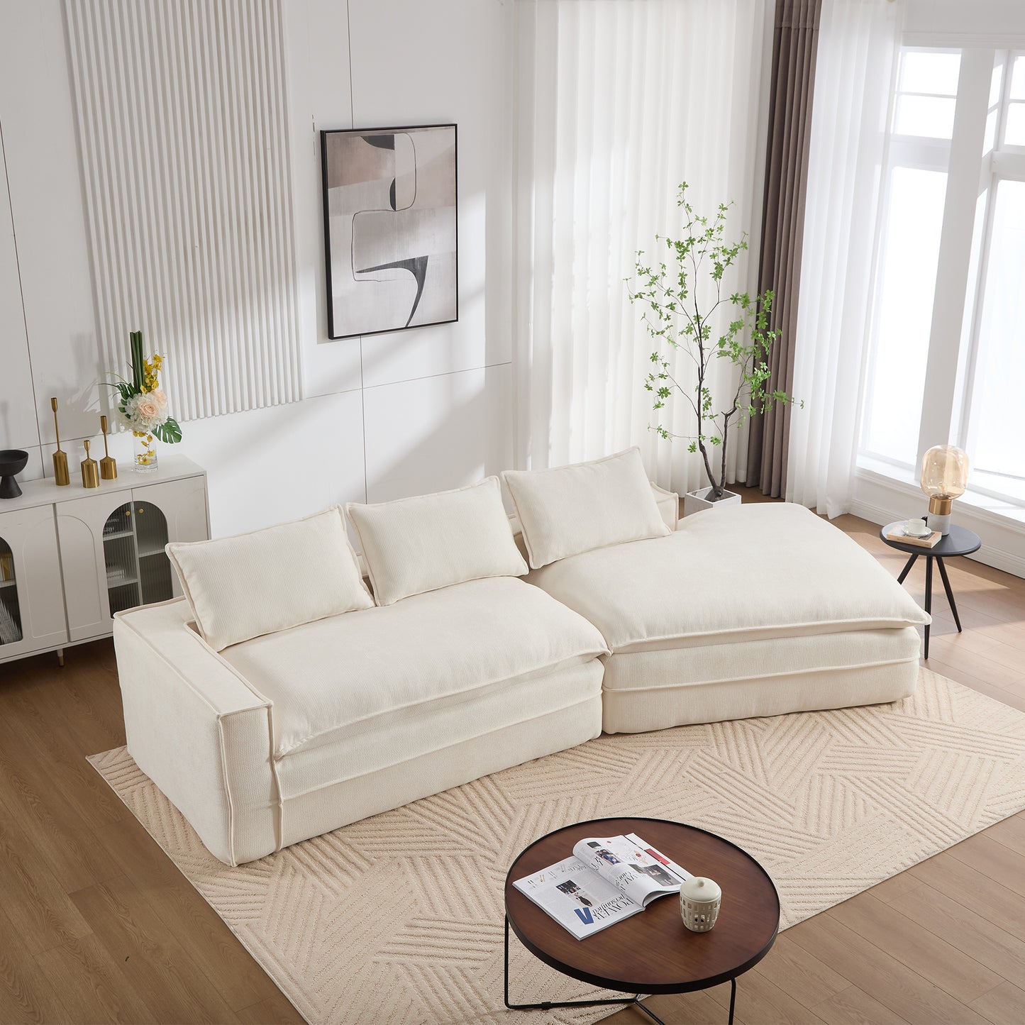 Modern Minimalist Modular Sectional Sofa – Upholstered Cloud Couch with Deep Seats &amp; Right-Facing Chaise (Beige/Black)