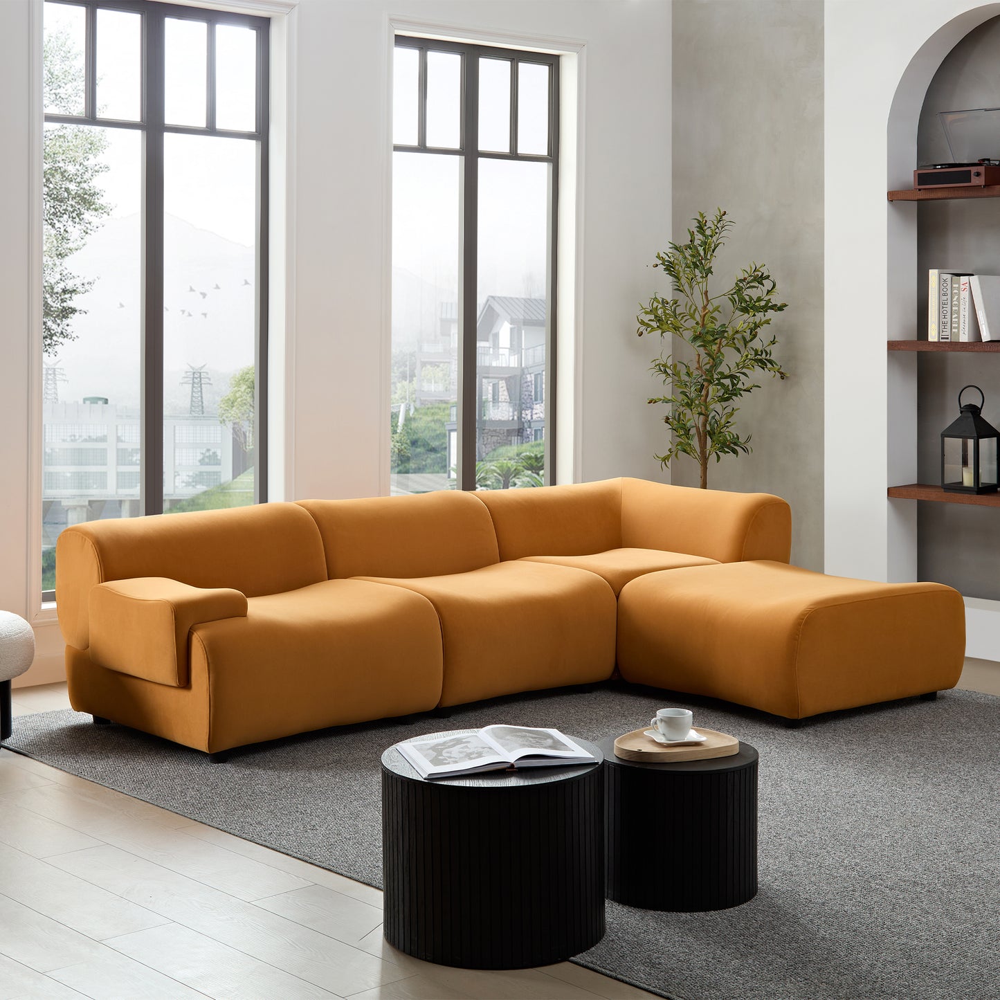 Bamboo-jointed sofa Solid Wood Frame 4 - Seat Sectional Sofa: White, Strong Durable Fabric, High - Density Sponge