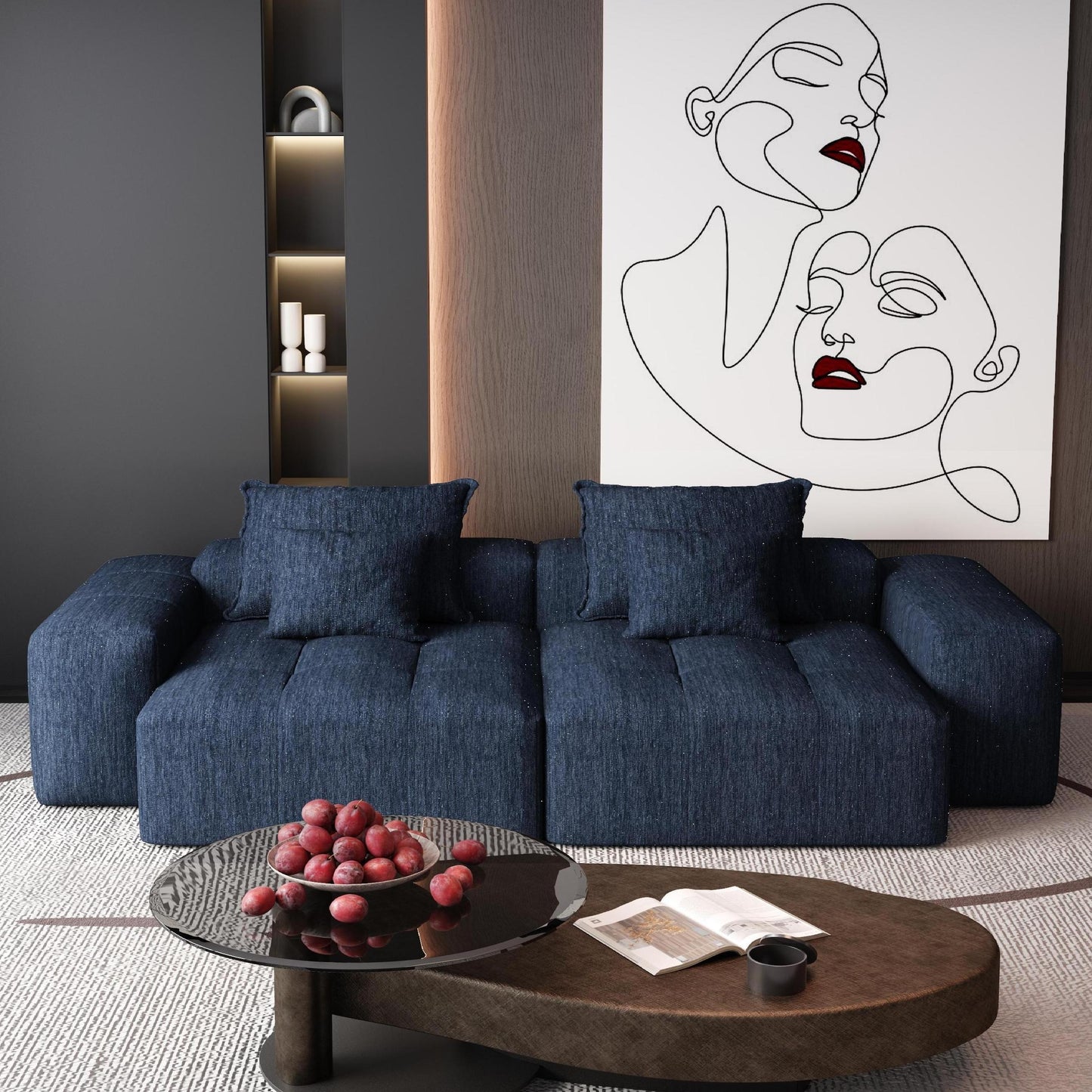 Modular Sectional Sofa with 2 chaise lounge and 2 armrest,Sparkling Chenille Fabric Soft Cushion Sofa with 4 Pillows