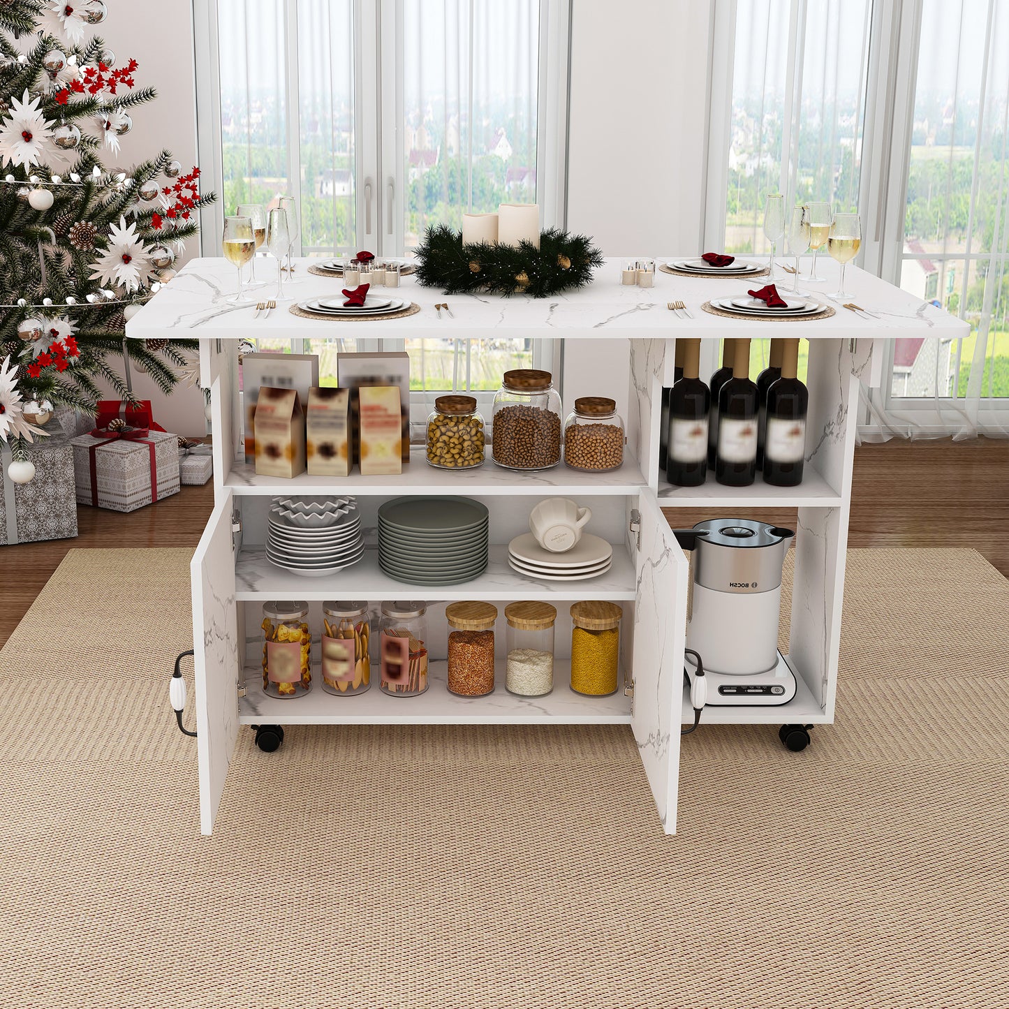 Multi-Functional Folding Table with Storage Shelves and Wheels | 47" Foldable Dining Table for Small Spaces, Compact Desk for Kitchen – Walnut/White/Oak