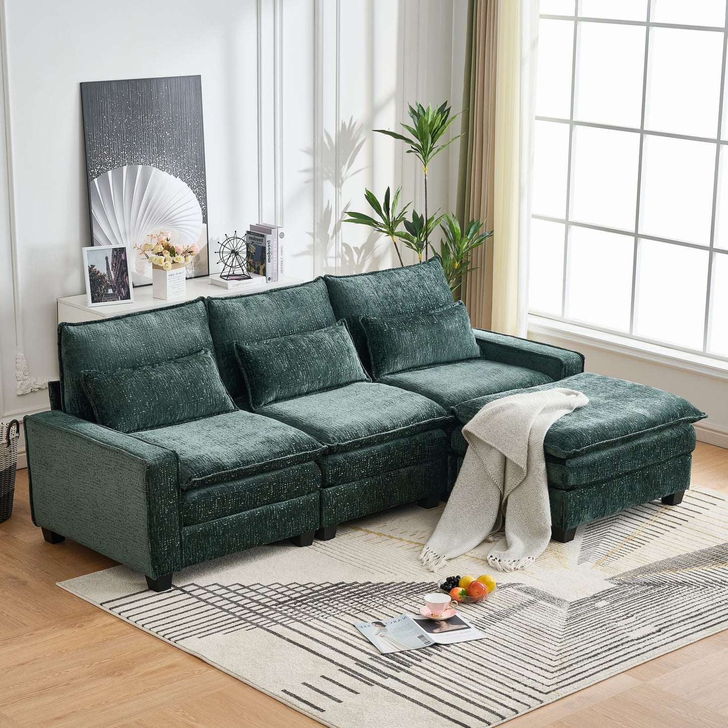 Sectional Cloud Deep Seat Couch, Modern Comfy Chenille L Shaped Sectional Sofa  with Movable Ottoman for Living Room