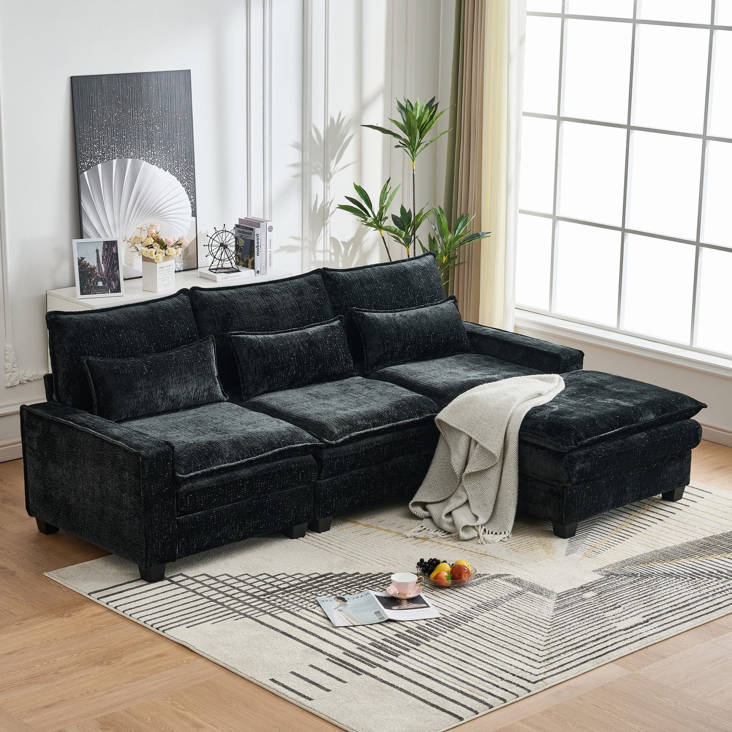 Sectional Cloud Deep Seat Couch, Modern Comfy Chenille L Shaped Sectional Sofa  with Movable Ottoman for Living Room