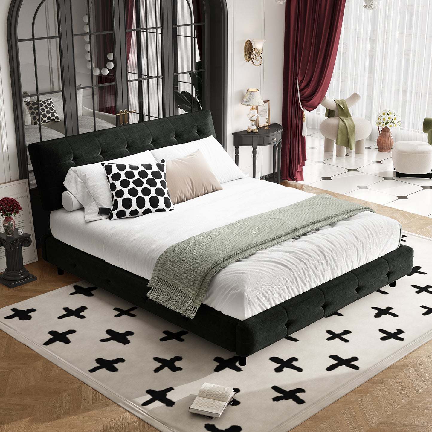 Queen/King Size Bed Frame Chenille Platform Bed with Metal and Wooden Slats Double Support – Cloud Pillow Headboard, Silent Sturdy
