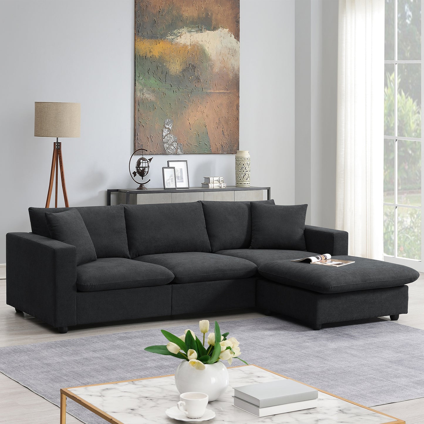 Modern Sectional Sofa,Polyester Fabric L-shaped Couch Set with 2 Free pillows