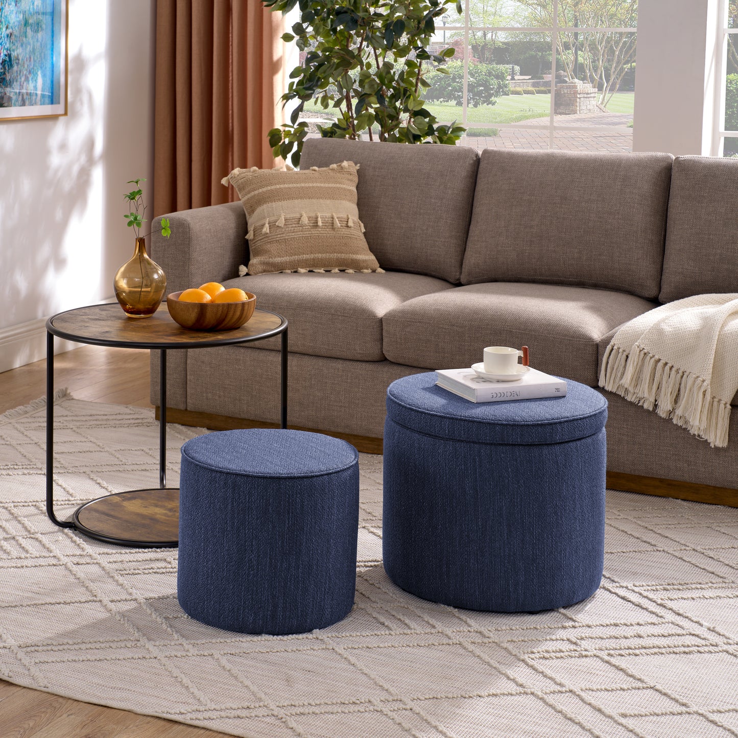 Multi-functional combination set table Ottoman with drum stool, with storage space Set of 3
