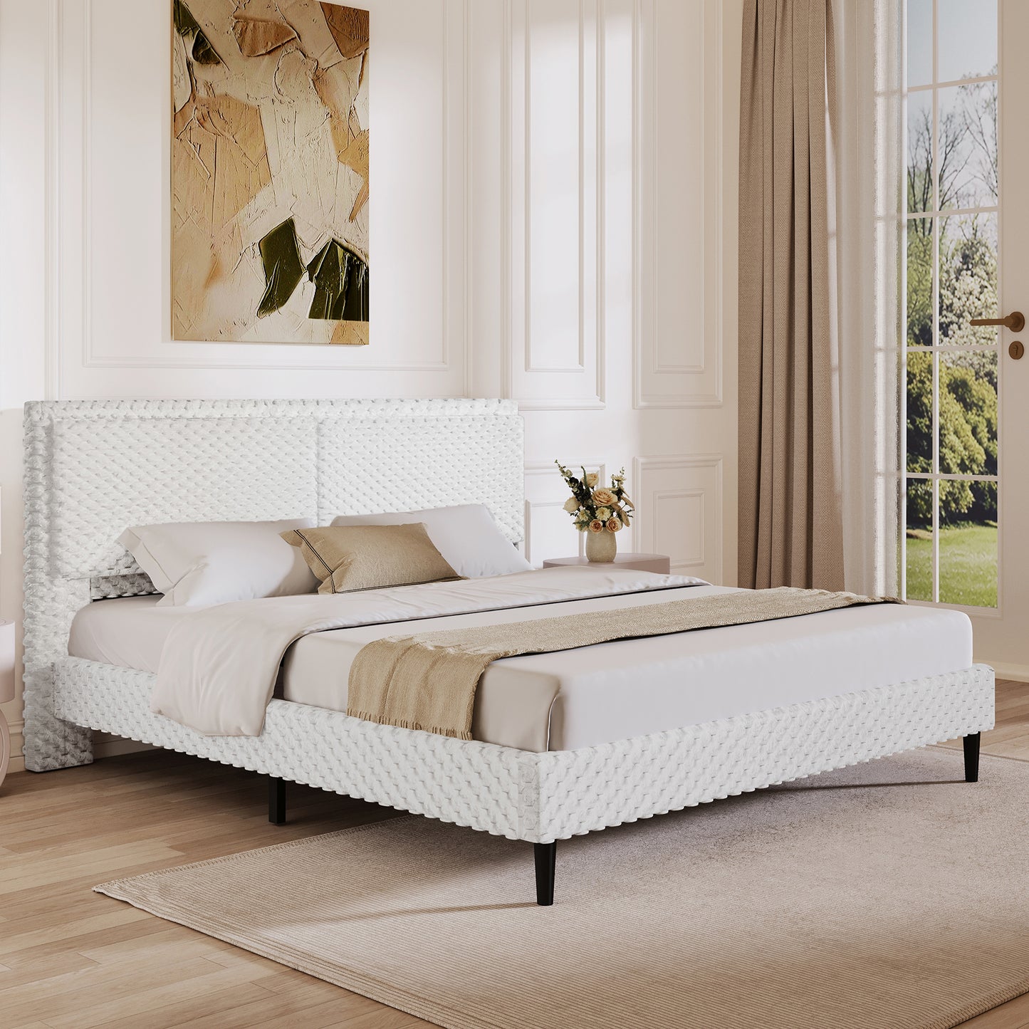 Modern White Plush Soft Bed – Comfortable Backrest Bedroom Bed (Queen/King)