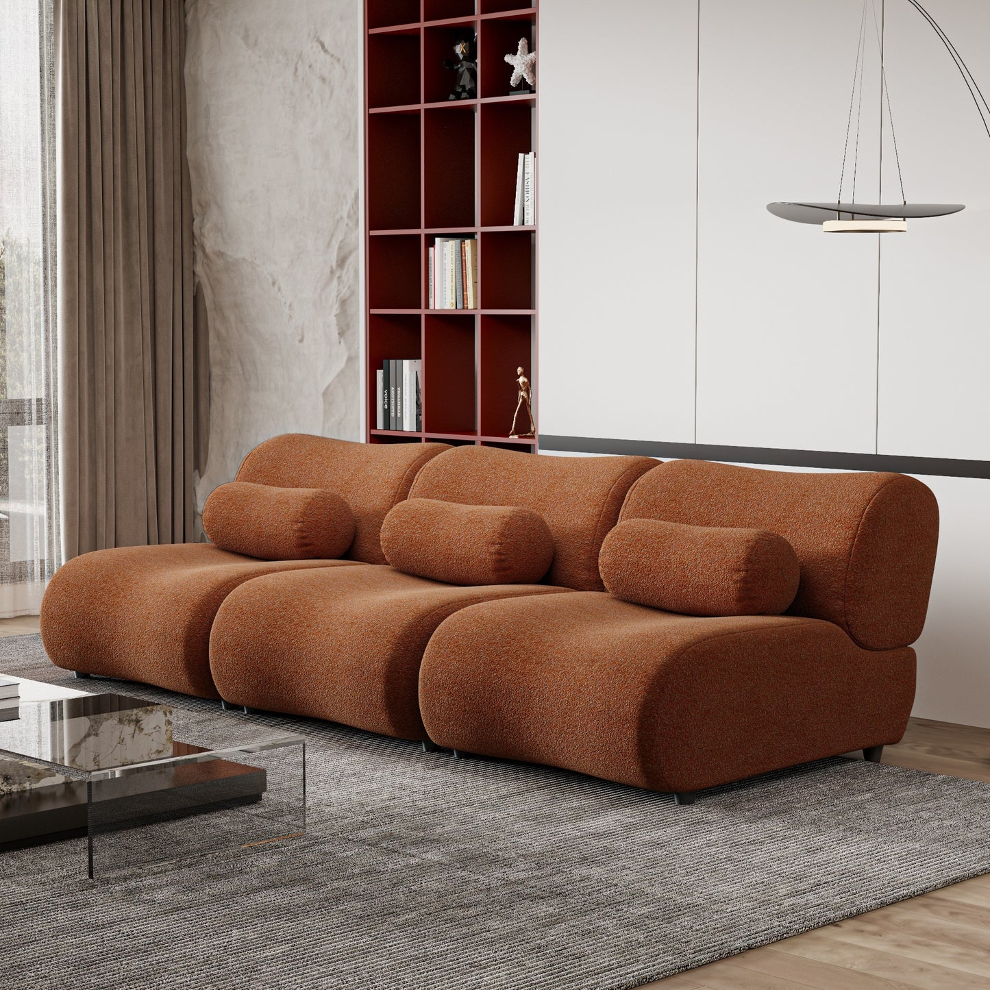 Chenille Fabric Living Room Sofa with Cylindrical Pillows, Freely Arrangeable 3 Colors
