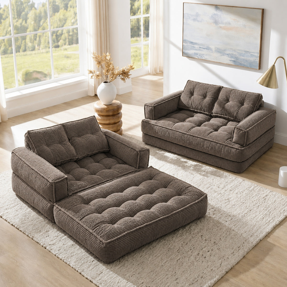 2-in-1 Boneless Convertible Floor Couch – Lazy Double Sofa with Armrest