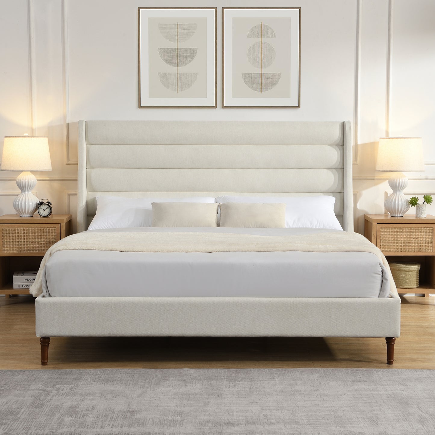High Headboard Upholstered Platform Bed Frame | Wave-Shaped Headboard – Premium Chenille Fabric, Ivory