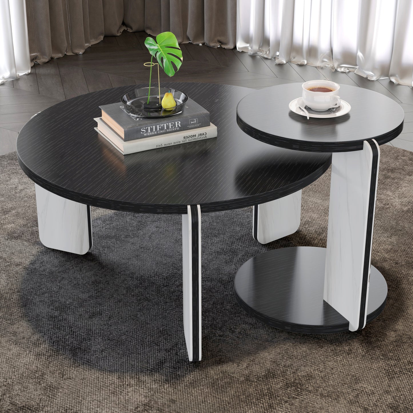 Round Nesting Coffee Table Set of 2 – Sintered Stone Top, 18mm MDF + Stone Legs (White+Black / Walnut / Black)