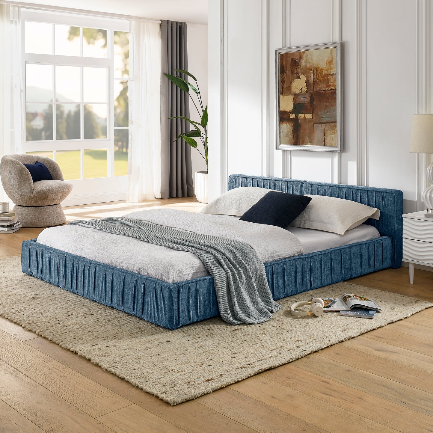 Queen Size Upholstered Bed Frame with Chenille fabric Platform Bed with Headboard and Solid Frame. No Box Spring Needed