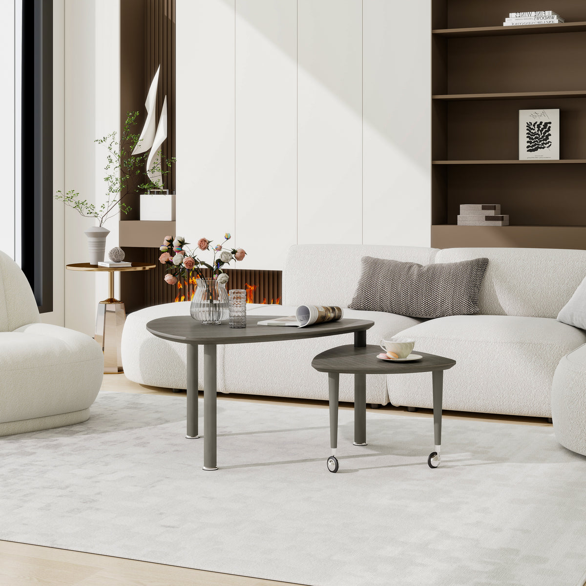360° Rotatable Modern Coffee Table for Living Room – Solid Wood Legs with Nesting Design (Black/Walnut/White)