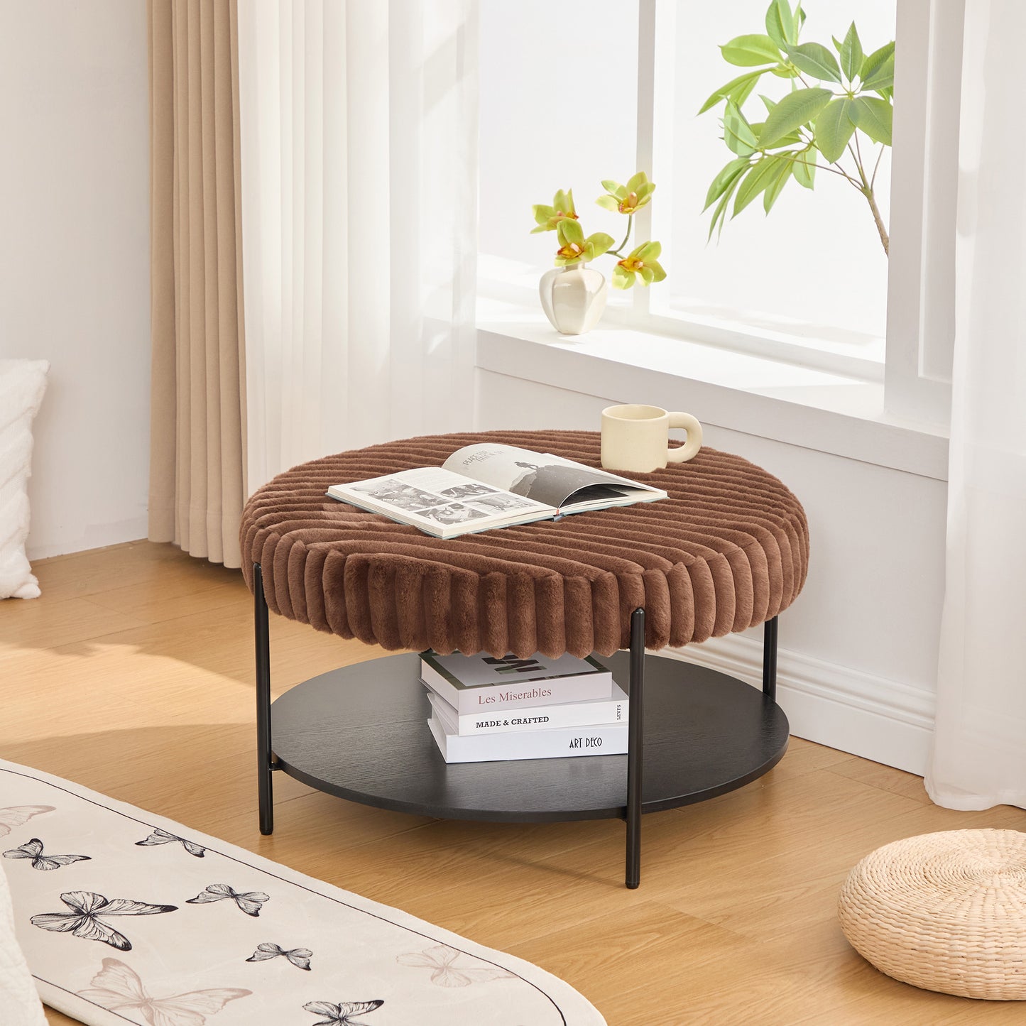 Upholstered Round Ottoman Coffee Table & Pouf Foot Rest | Faux Fur, Metal Legs – Beige/Brown/Charcoal