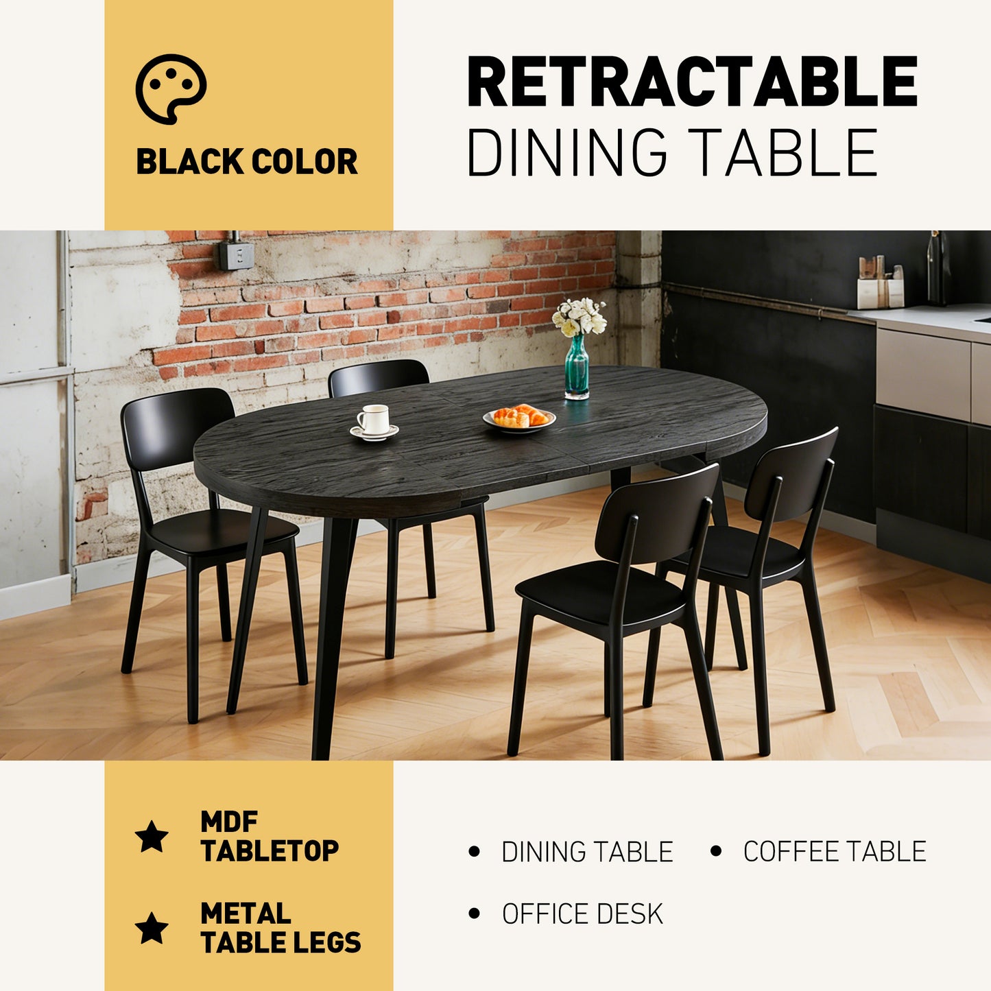 Extendable Dining Table – Metal Leg, MDF Top | Space-Saving Expandable Table for Home &amp; Office (Oak/Walnut/Black)