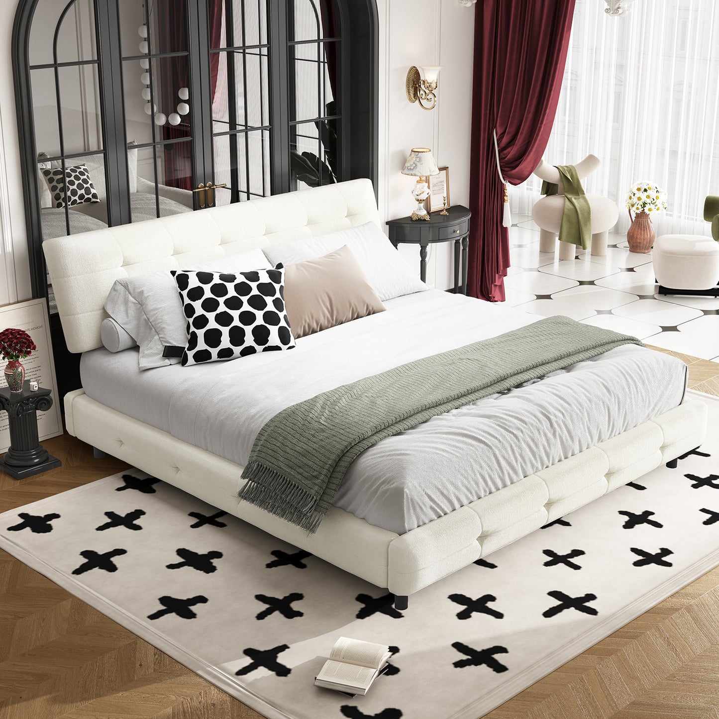 Queen/King Size Bed Frame Chenille Platform Bed with Metal and Wooden Slats Double Support – Cloud Pillow Headboard, Silent Sturdy
