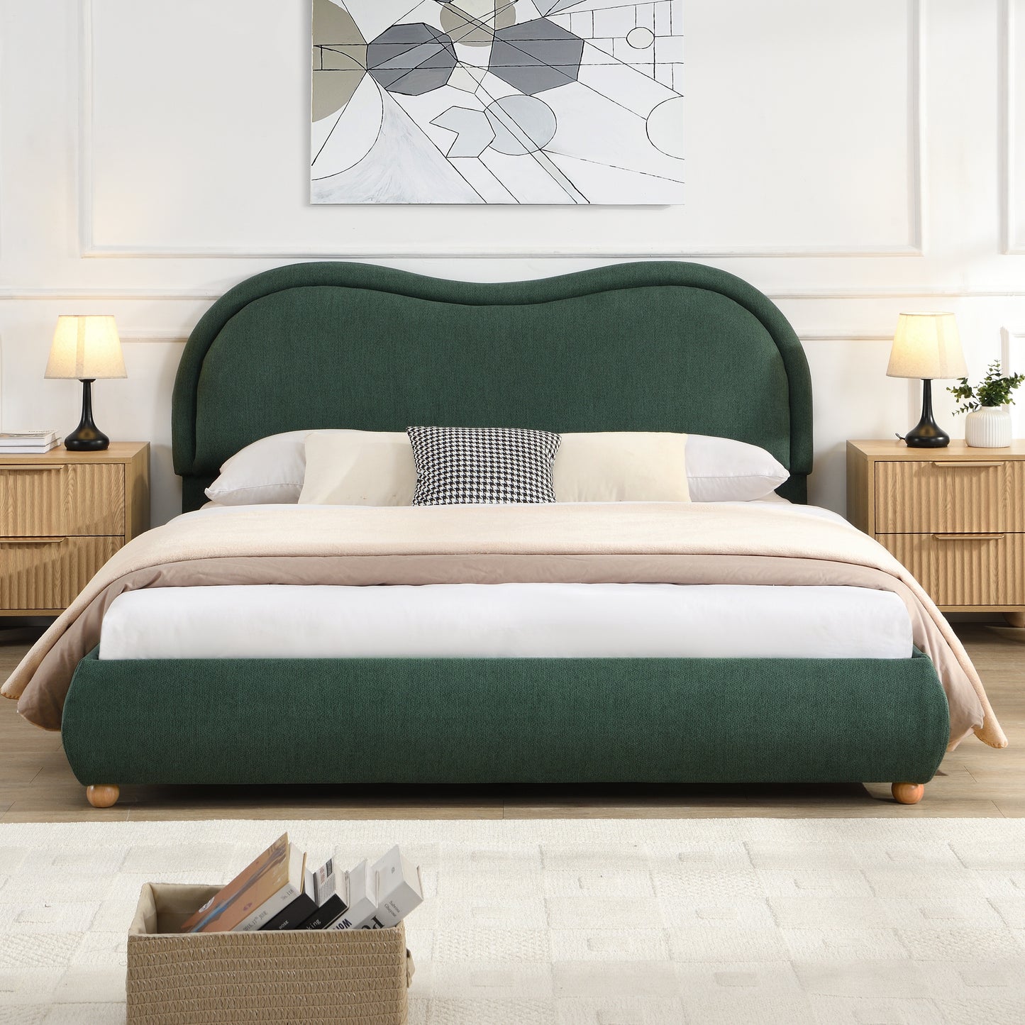 Upholstered Platform Bed Frame with Rounded Corners Curved Headboard | Chenille Fabric, Wooden Slats, Oak Legs – No Box Spring Needed (Queen/King)
