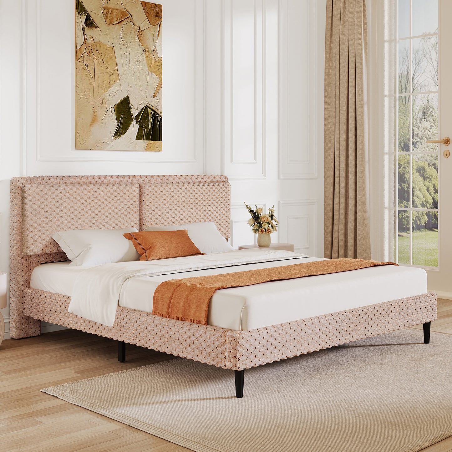 Modern White Plush Soft Bed – Comfortable Backrest Bedroom Bed (Queen/King)