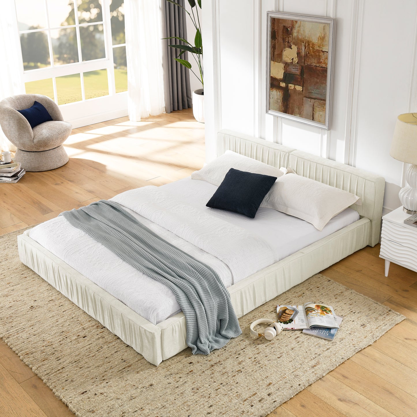 Queen Size Upholstered Bed Frame with Chenille fabric Platform Bed with Headboard and Solid Frame. No Box Spring Needed
