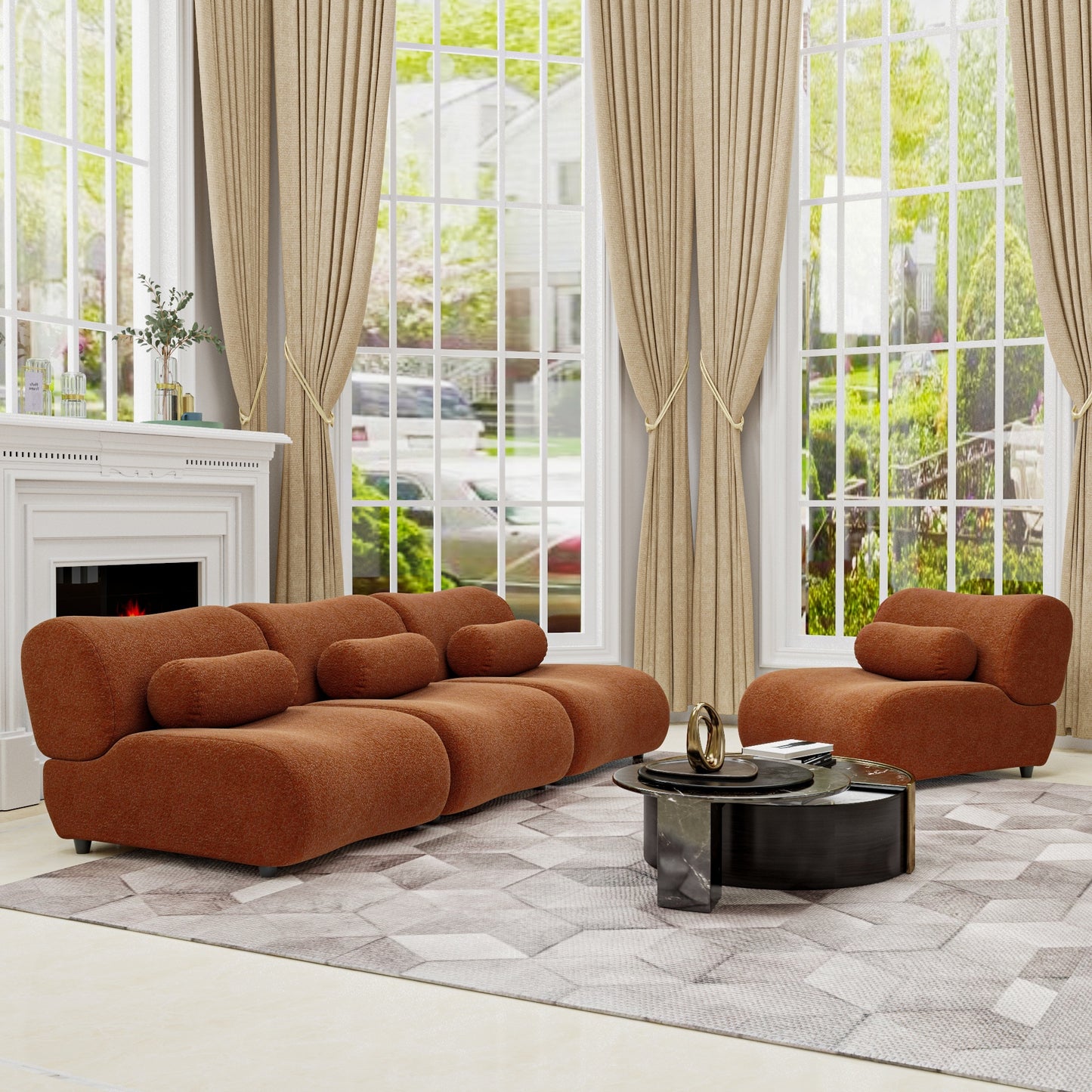 Chenille Fabric Living Room Sofa with Cylindrical Pillows, Freely Arrangeable 3 Colors