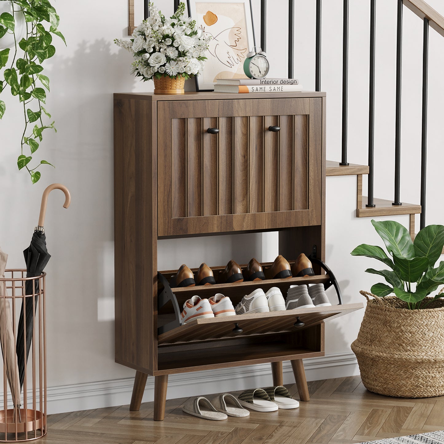 Medieval-Style Modern Shoe Cabinet | Upright Shoe Storage Unit with Vertical Grooved Finish – Walnut, 2 Sizes (23.6" or 31.5")