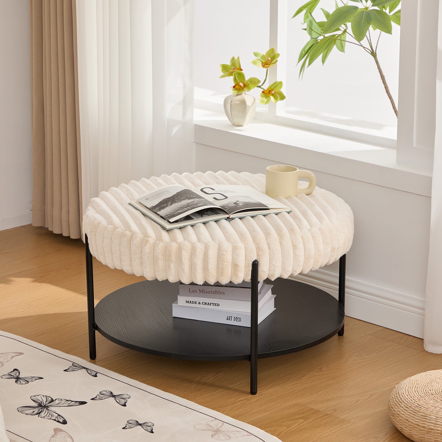 Upholstered Round Ottoman Coffee Table & Pouf Foot Rest | Faux Fur, Metal Legs – Beige/Brown/Charcoal