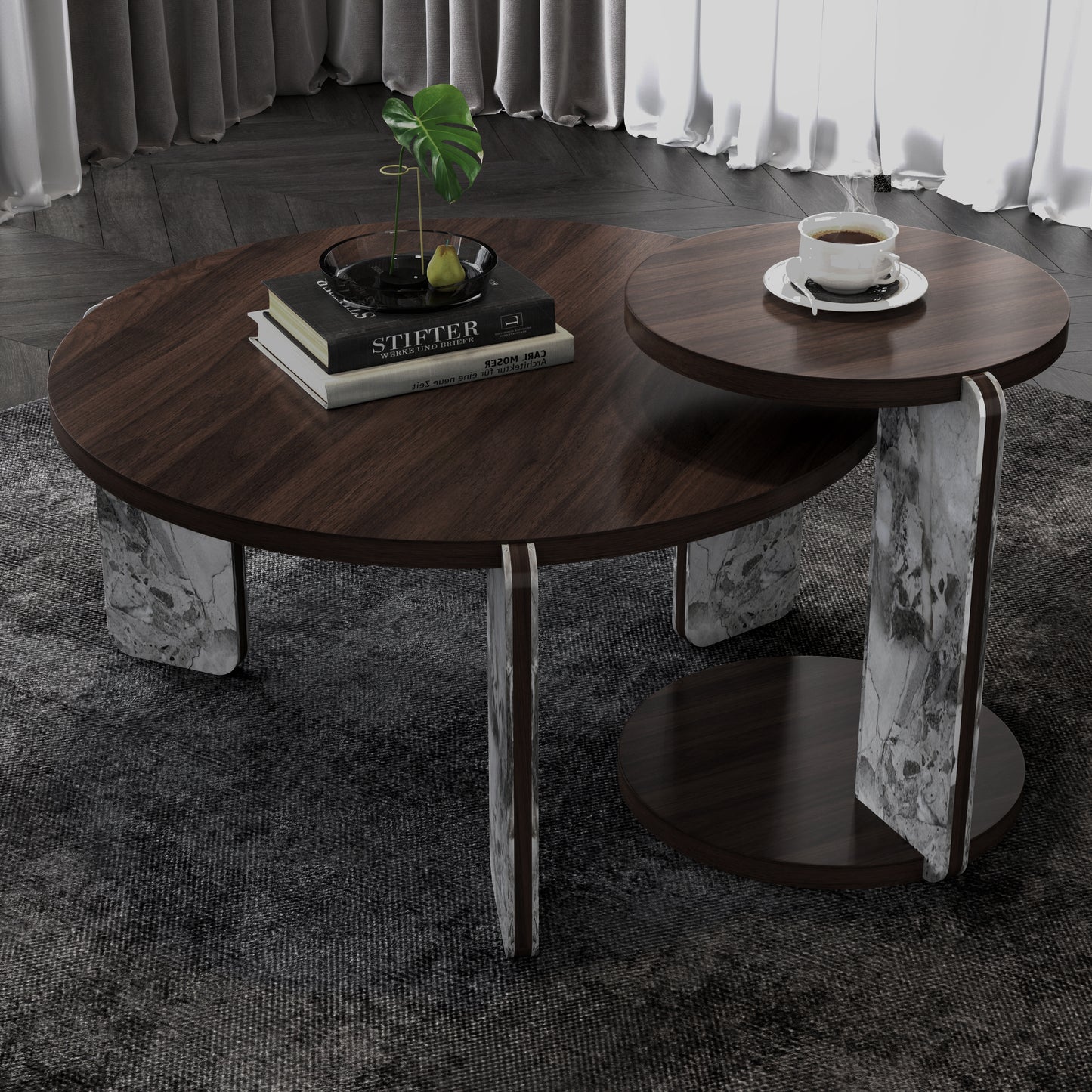 Round Nesting Coffee Table Set of 2 – Sintered Stone Top, 18mm MDF + Stone Legs (White+Black / Walnut / Black)