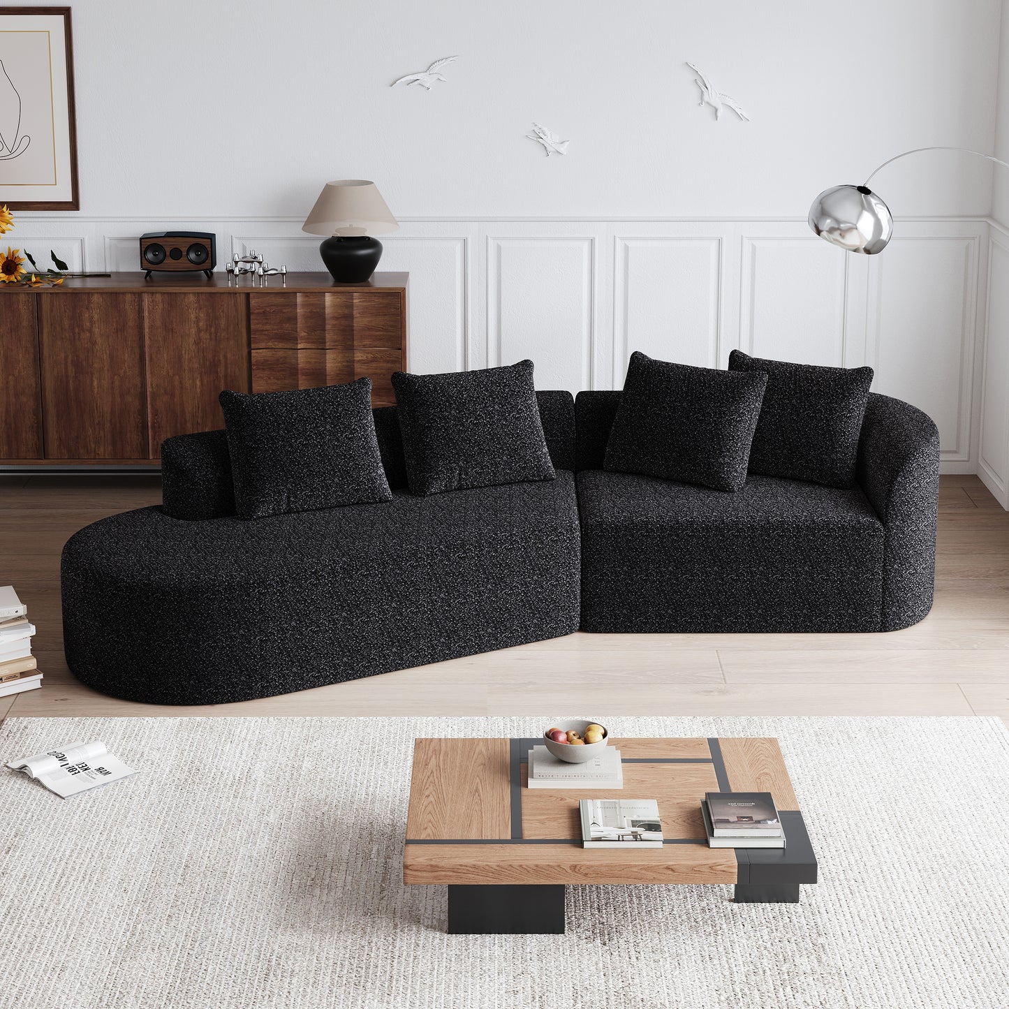 Extra Deep & Wide Seat Curved Cloud Couch with 4 Throw Pillows-3 Colors