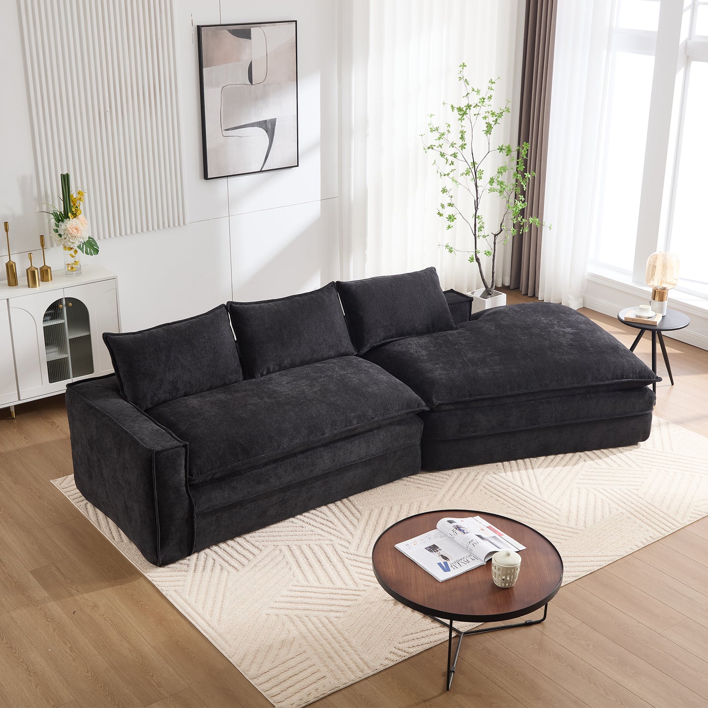 Modern Minimalist Modular Sectional Sofa – Upholstered Cloud Couch with Deep Seats &amp; Right-Facing Chaise (Beige/Black)