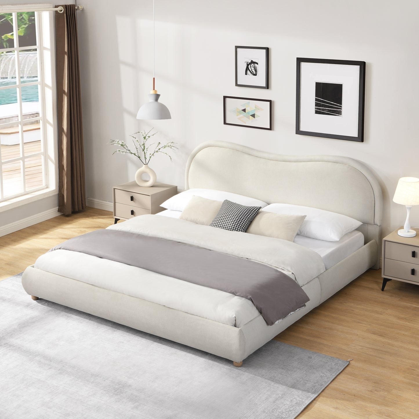 Upholstered Platform Bed Frame with Rounded Corners Curved Headboard | Chenille Fabric, Wooden Slats, Oak Legs – No Box Spring Needed (Queen/King)