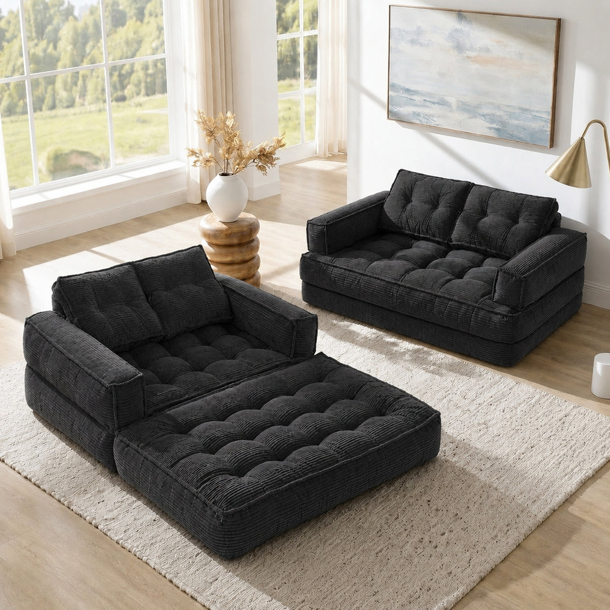 2-in-1 Boneless Convertible Floor Couch – Lazy Double Sofa with Armrest