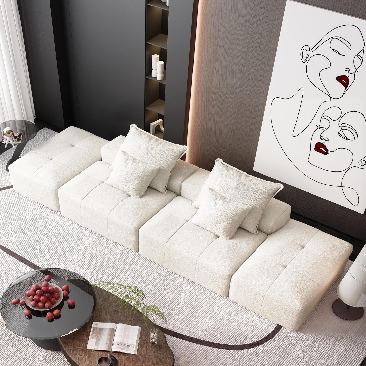 Modular Sectional Sofa with 2 chaise lounge and 2 armrest,Sparkling Chenille Fabric Soft Cushion Sofa with 4 Pillows