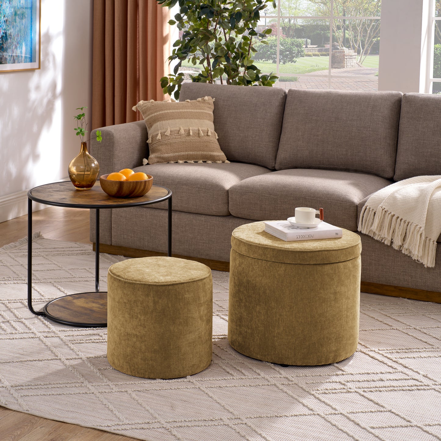 Multi-functional combination set table Ottoman with drum stool, with storage space Set of 3
