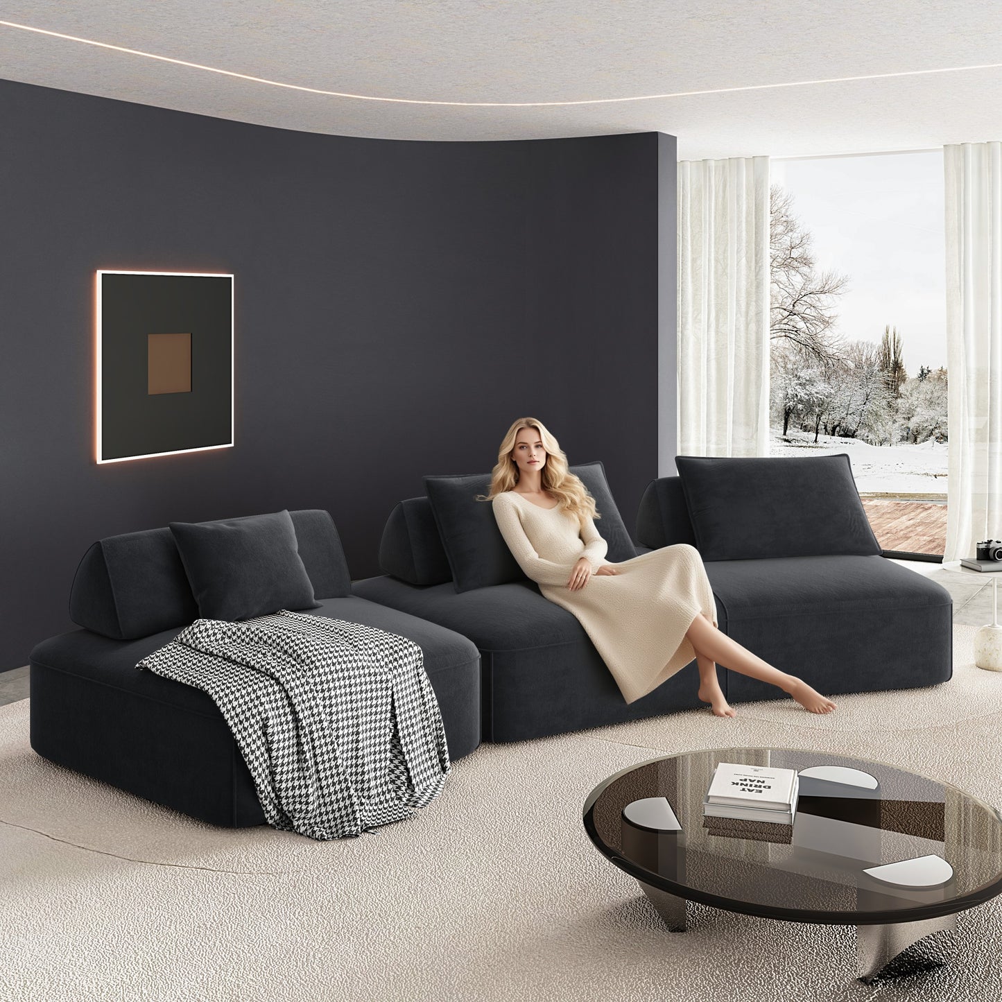 Modern Light Luxury Oversized Modular Sectional Sofa – DIY Chenille Couch with Removable Backrests & Soft Pillows (Beige/Dark Grey)