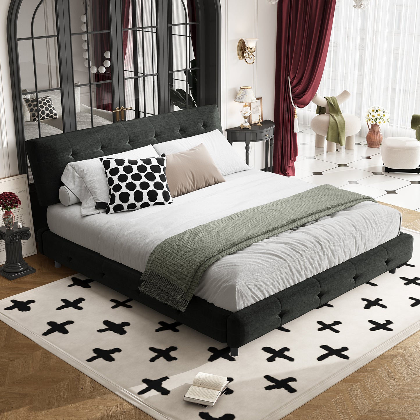 Queen/King Size Bed Frame Chenille Platform Bed with Metal and Wooden Slats Double Support – Cloud Pillow Headboard, Silent Sturdy