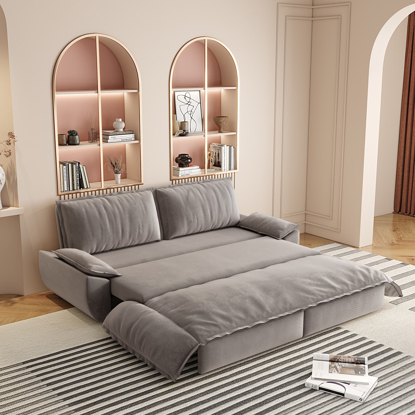 Queen Pull Out Sofa Bed,3-in-1 Convertible Sleeper Sofa,Multi-Functional Velvet Loveseat Bed