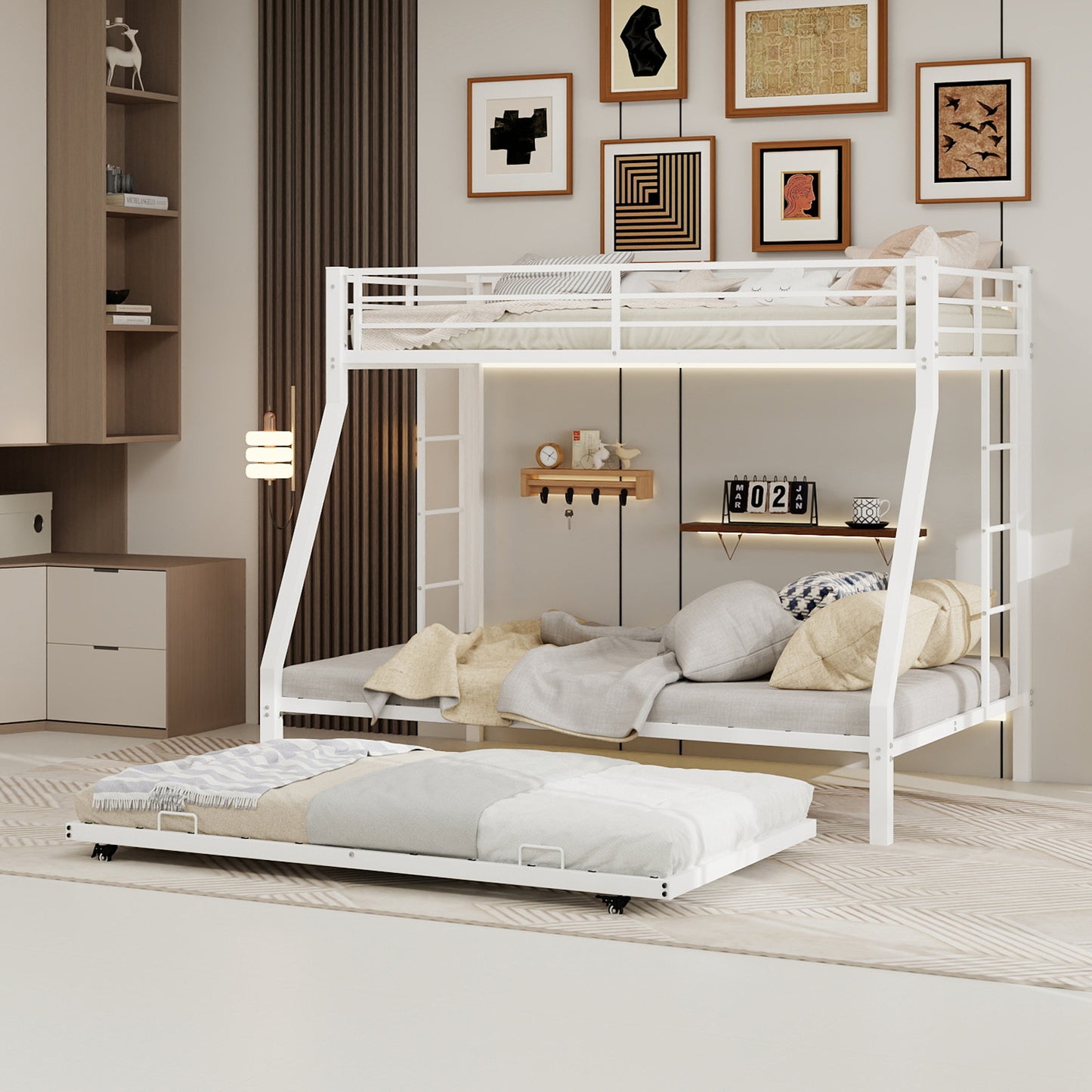 High-Stability Square Tube Bunk Bed with Ladder & Rolling Trundle | Full Size – Modern Minimalist, Strong Load-Bearing for Home/Dorm/Guest Room