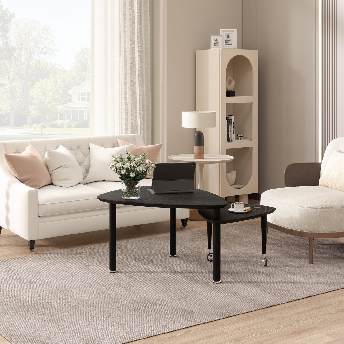360° Rotatable Modern Coffee Table for Living Room – Solid Wood Legs with Nesting Design (Black/Walnut/White)