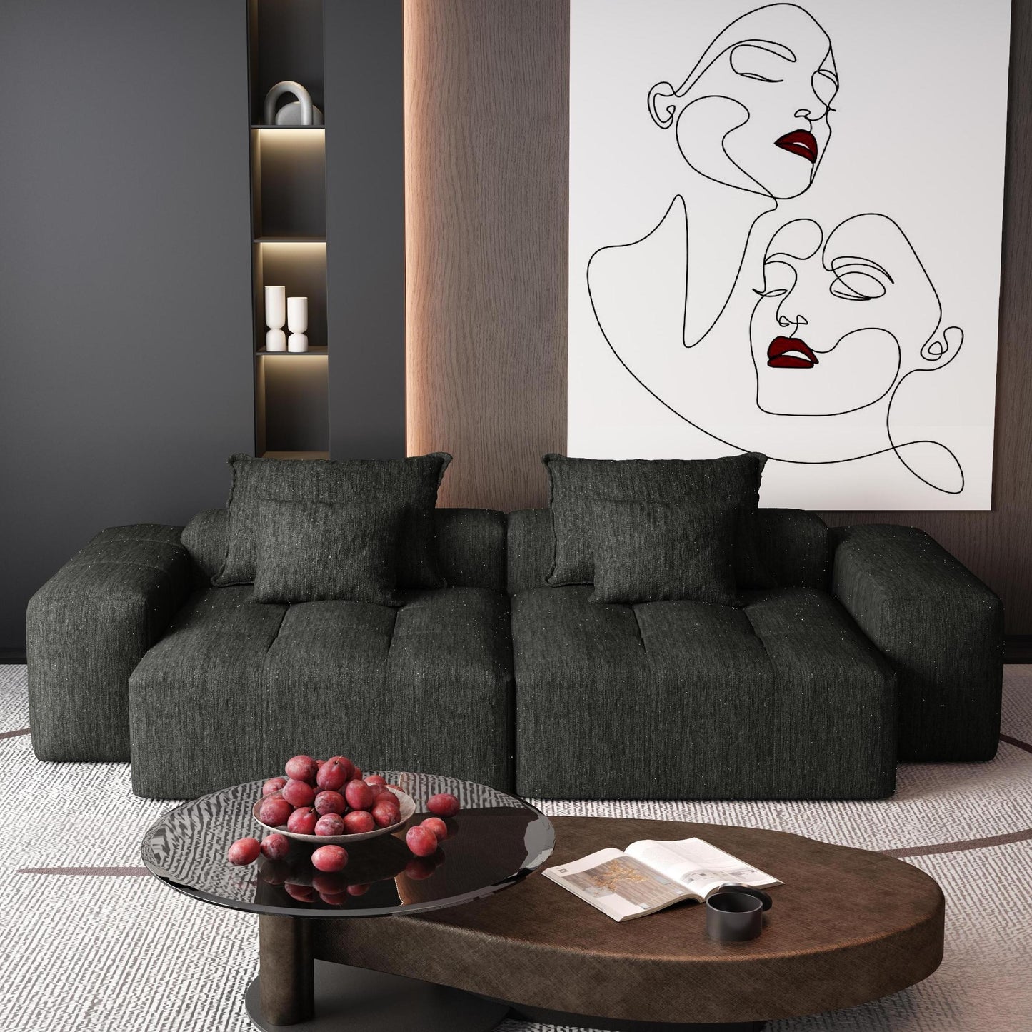 Modular Sectional Sofa with 2 chaise lounge and 2 armrest,Sparkling Chenille Fabric Soft Cushion Sofa with 4 Pillows