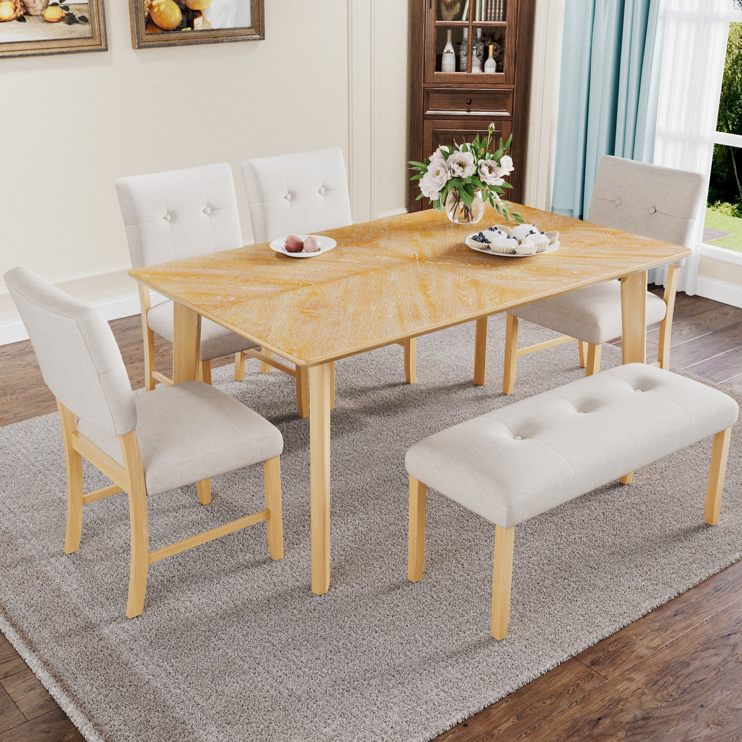 Dining Room Table Set, Rustic Farmhouse Dining Room Rectangular Table with 4 Upholstered Chairs and Bench, Solid Wood Kitchen Dining Table Set for 6 Persons