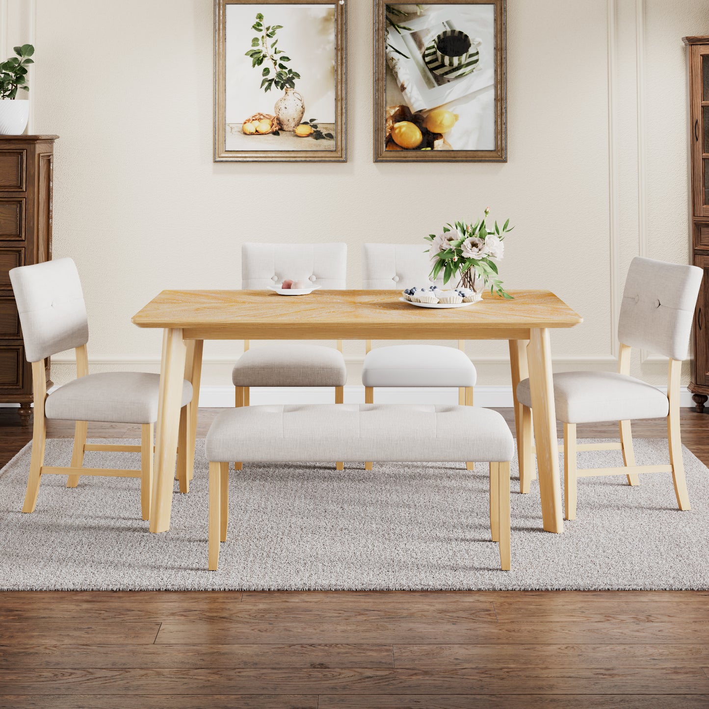 Dining Room Table Set, Rustic Farmhouse Dining Room Rectangular Table with 4 Upholstered Chairs and Bench, Solid Wood Kitchen Dining Table Set for 6 Persons