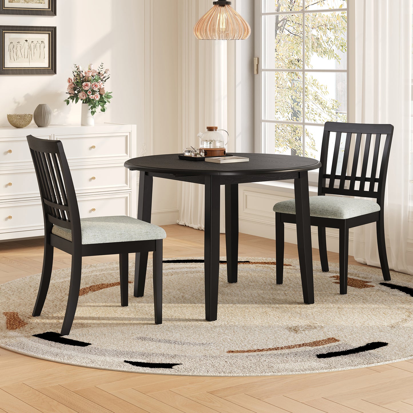 Folding Wood Dining Table + Upholstered Chairs Set for 2~4 People | Drop-Leaf Round Table, 250 lbs Capacity, 3 Color Options