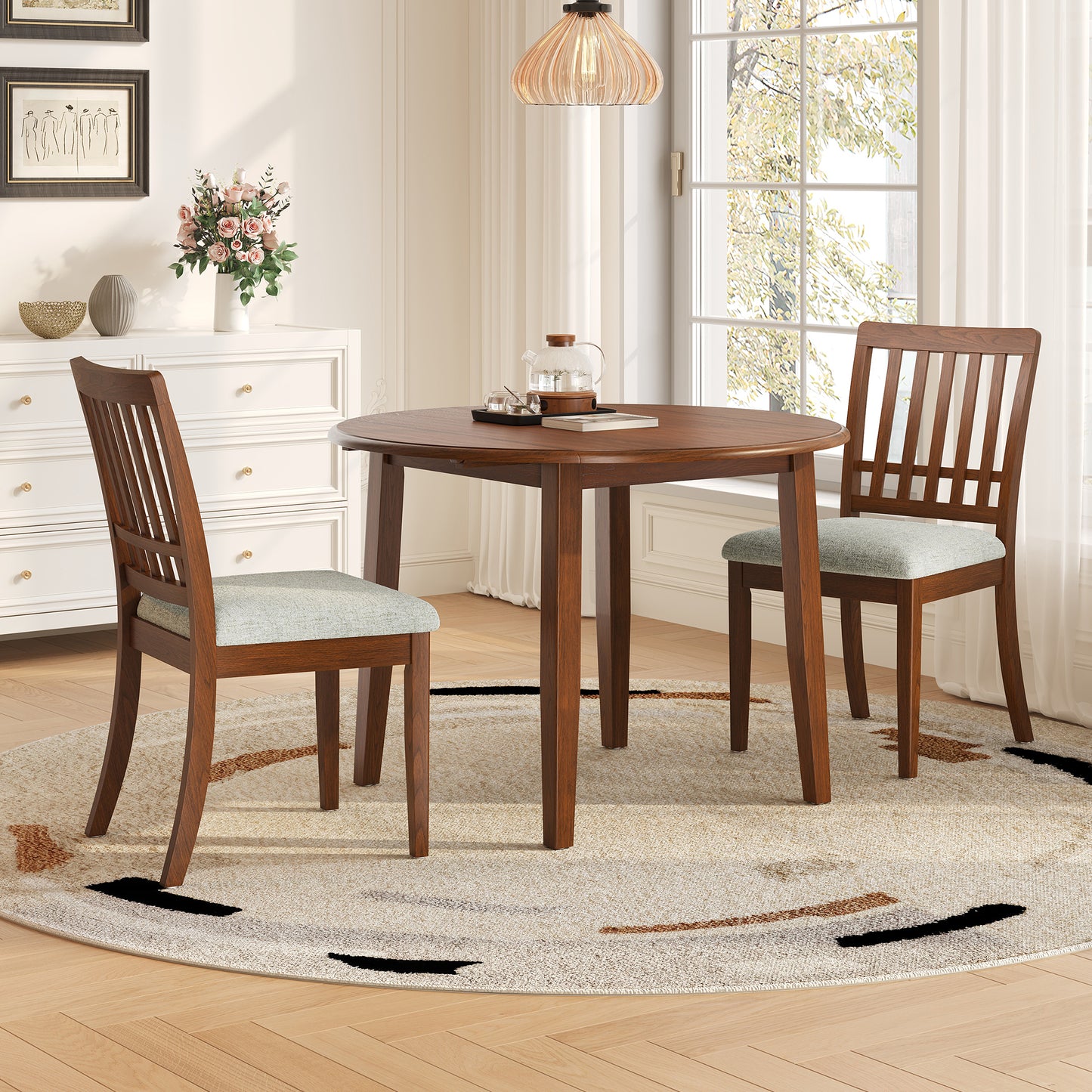 Folding Wood Dining Table + Upholstered Chairs Set for 2~4 People | Drop-Leaf Round Table, 250 lbs Capacity, 3 Color Options