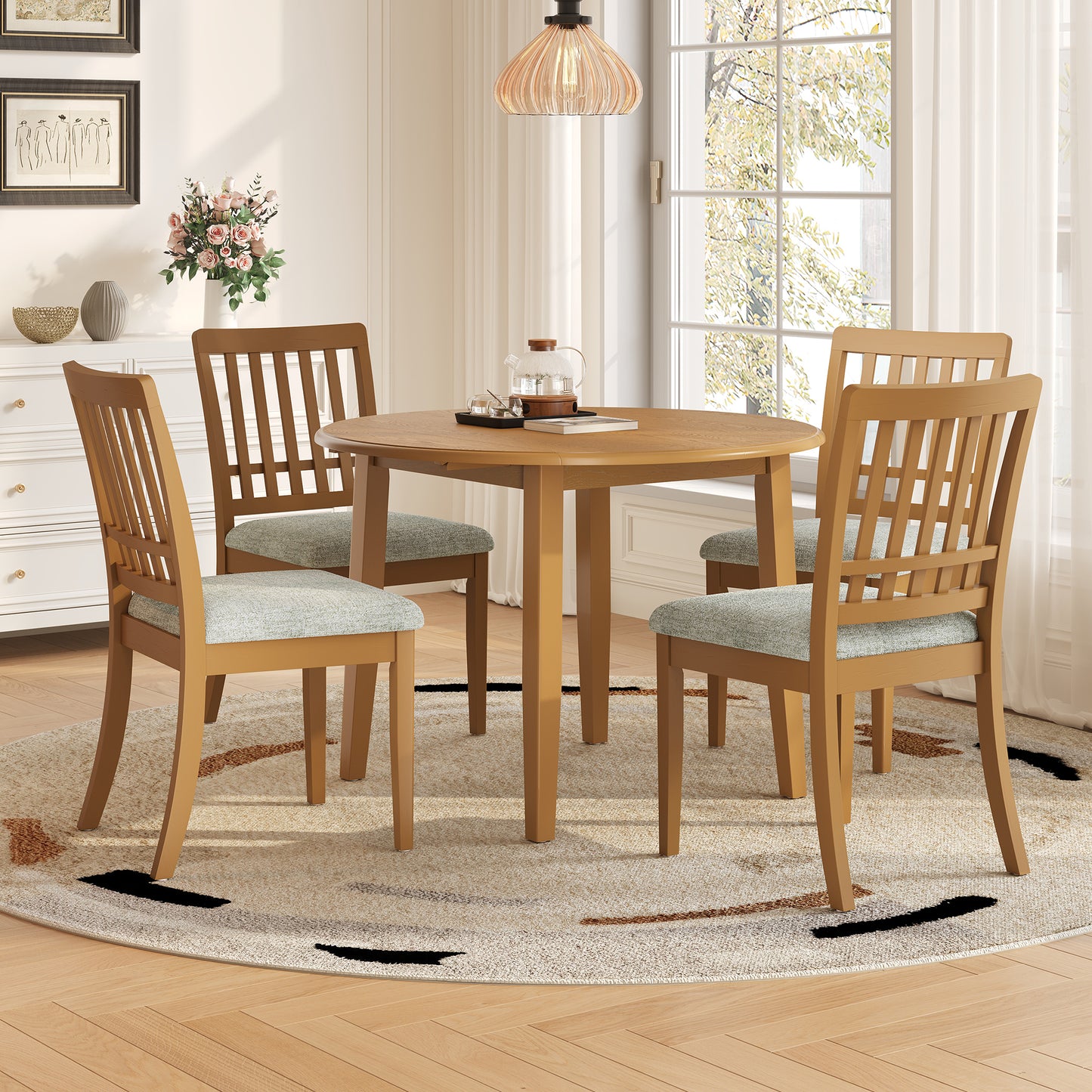 Folding Wood Dining Table + Upholstered Chairs Set for 2~4 People | Drop-Leaf Round Table, 250 lbs Capacity, 3 Color Options