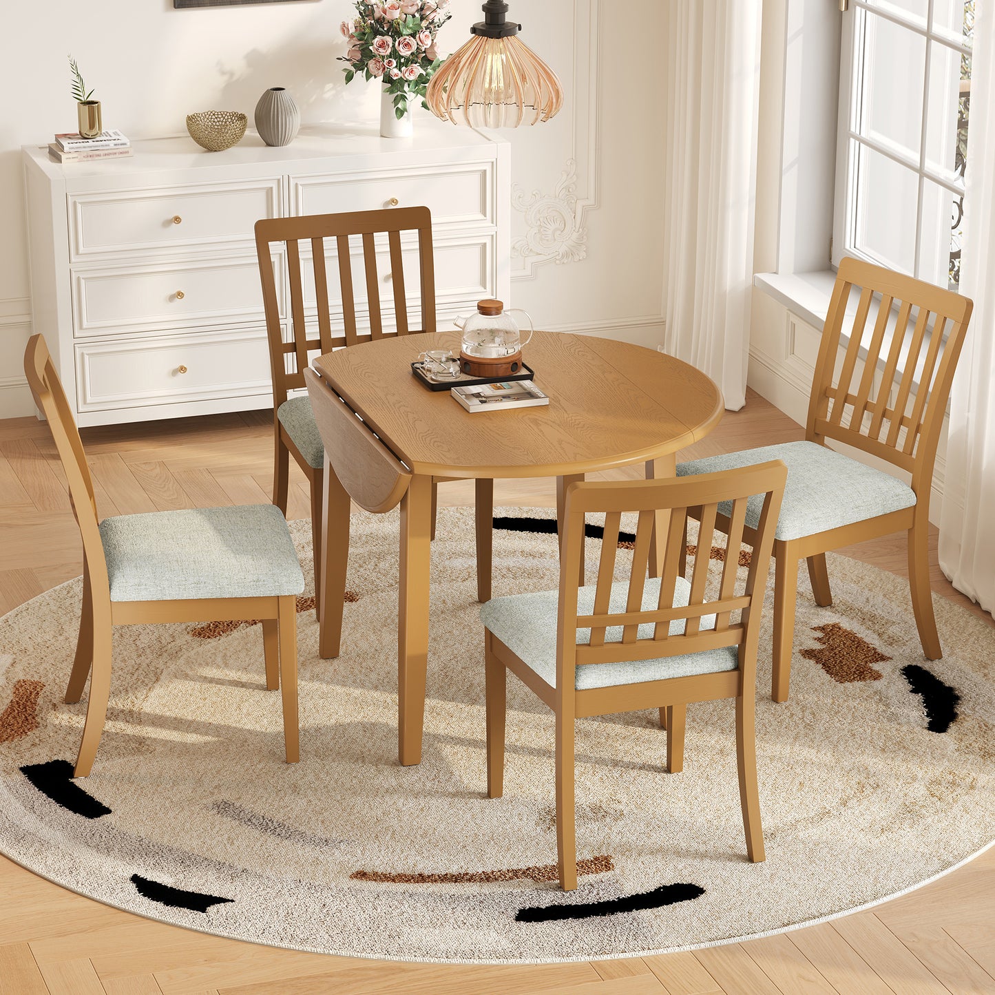 Folding Wood Dining Table + Upholstered Chairs Set for 2~4 People | Drop-Leaf Round Table, 250 lbs Capacity, 3 Color Options