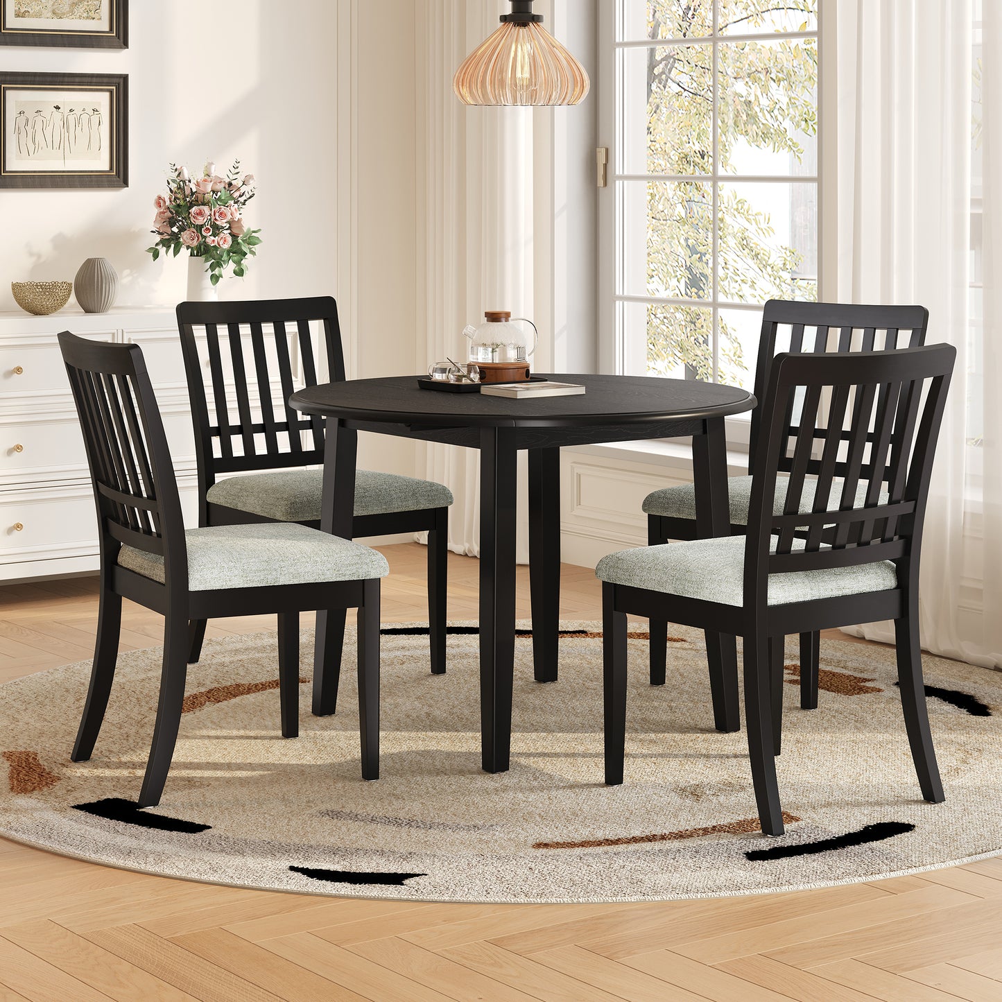 Folding Wood Dining Table + Upholstered Chairs Set for 2~4 People | Drop-Leaf Round Table, 250 lbs Capacity, 3 Color Options